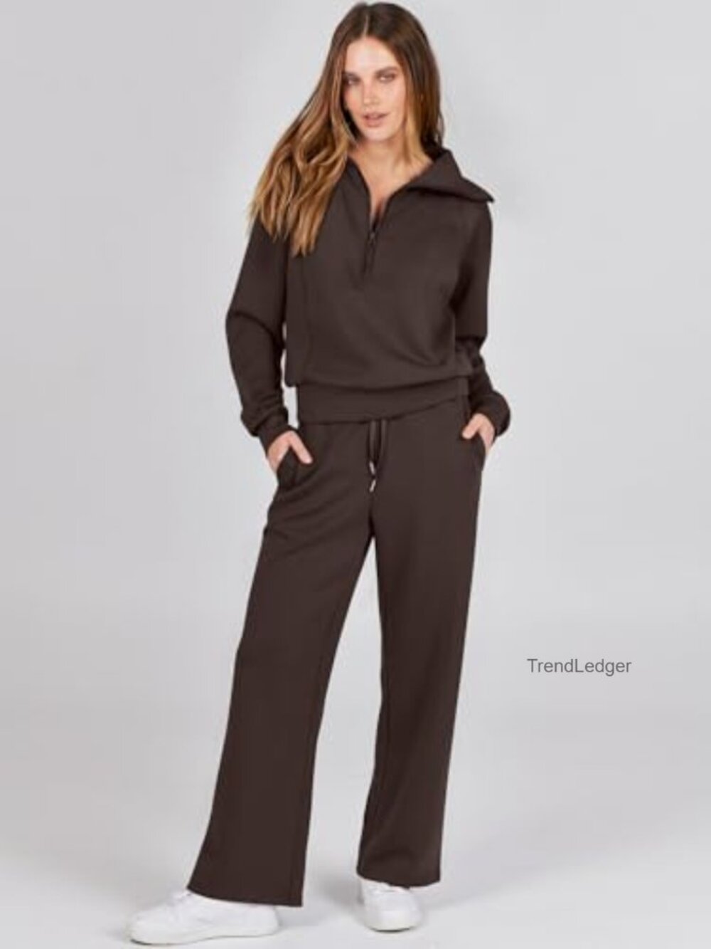 2 Piece Sweatsuit Set Half Zip Top & Wide Leg Pants - Picture 2 of 7